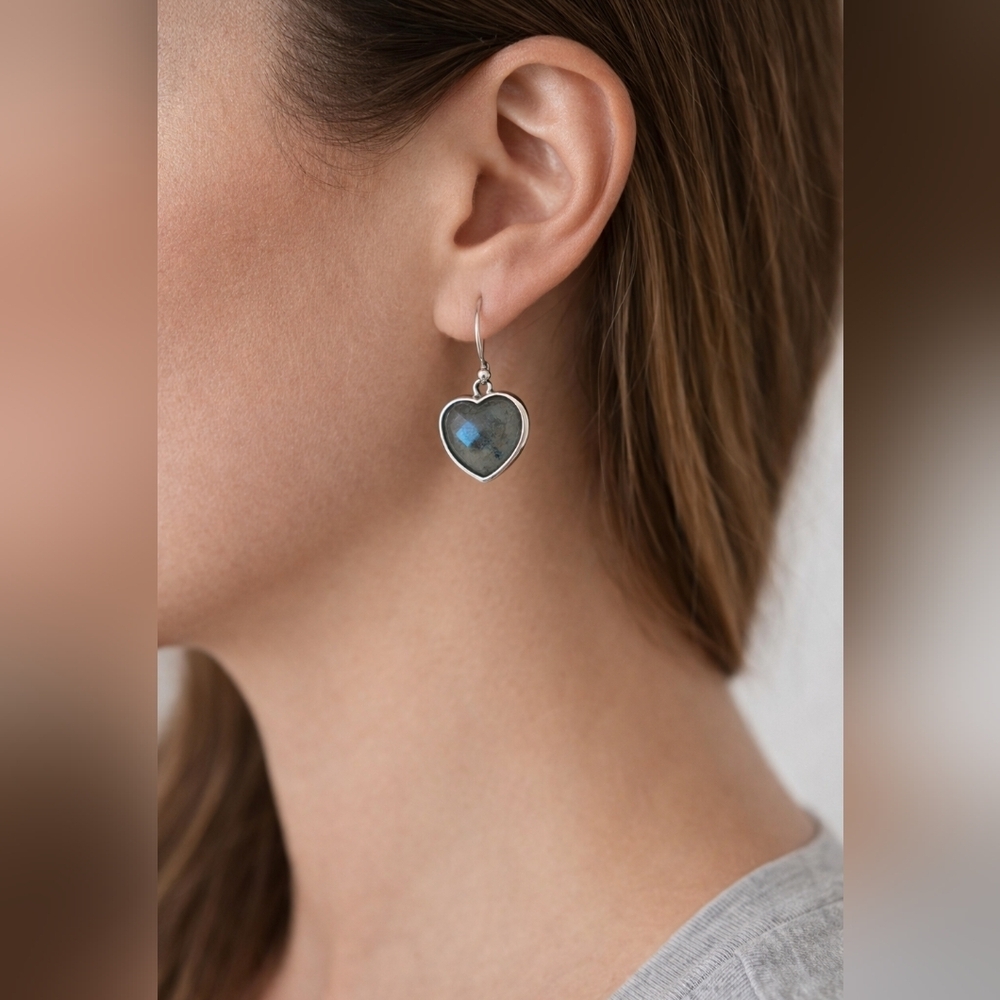 Labradorite Heart Drop Earrings | Sterling Silver | Boho Gemstone Jewelry